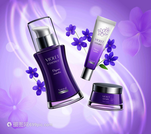 機化妝品護膚品寫實構圖海報與紫羅蘭提取精華奶油分配器彩色背景矢量插圖化妝品產品寫實構圖海報