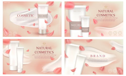點擊來源直接獲取大圖文件 4 個優雅的天然護膚品橫幅集合 帶有花瓣 乳霜涂抹 廣告文字和白色逼真管中有機化妝品包裝的柔和粉色廣告海報 模板 3d質感矢量日化商品主圖banner模板