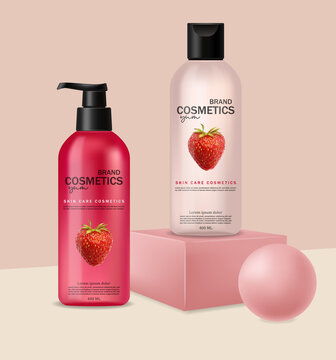 點(diǎn)擊來源直接獲取大圖文件 帶有草莓的逼真化妝品,皮膚護(hù)理,夏季化妝品,幾何形狀,洗發(fā)水和護(hù)發(fā)素,粉色瓶子包裝模型 3d,草莓液體,粉色設(shè)計,矢量插圖 模板 3d質(zhì)感矢量日化商品主圖banner模板